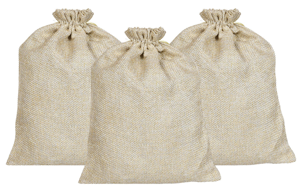 Kuber Industries Jute Large Size Gift Bags with Drawstring for Gifts Jewelry and Storage-Pack of 3 (Gold)