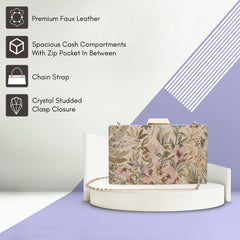 THE CLOWNFISH Estella Collection Tapestry Womens Party Clutch Ladies Wallet Evening Bag with Chain Strap (Beige)