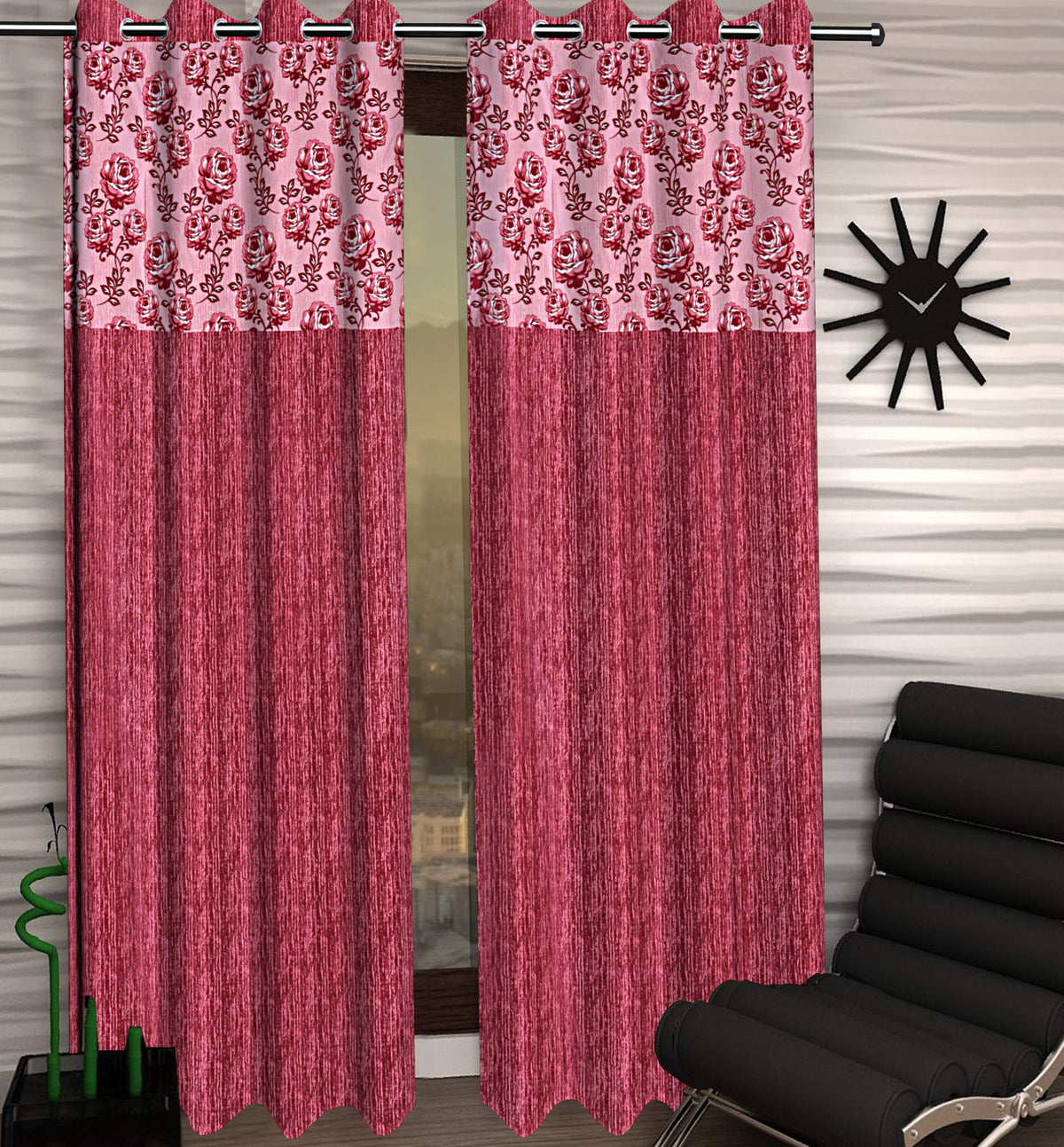 Kuber Industries Rose Design 1 Piece Polyester Eyelet Door Curtain 7 Feet (Pink)-Ctktc030098