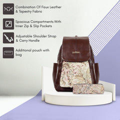 THE CLOWNFISH Combo of Minerva Faux Leather & Tapestry Women's Backpack College School Girls Bag Casual Travel Backpack for Ladies & Expert Series Pencil Pouch Pen Case (Beige)