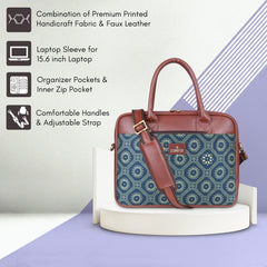 THE CLOWNFISH Deborah series 15.6 inch Laptop Bag For Women Printed Handicraft Fabric & Faux Leather Office Bag Briefcase Messenger Sling Handbag Business Bag (Cerulean Blue)