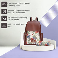 The Clownfish Medium Size Combo Of Minerva Faux Leather & Tapestry Women'S Backpack College School Girls Bag Casual Travel Backpack For Ladies & Expert Series Pencil Pouch Pen Case (Maroon-Floral)