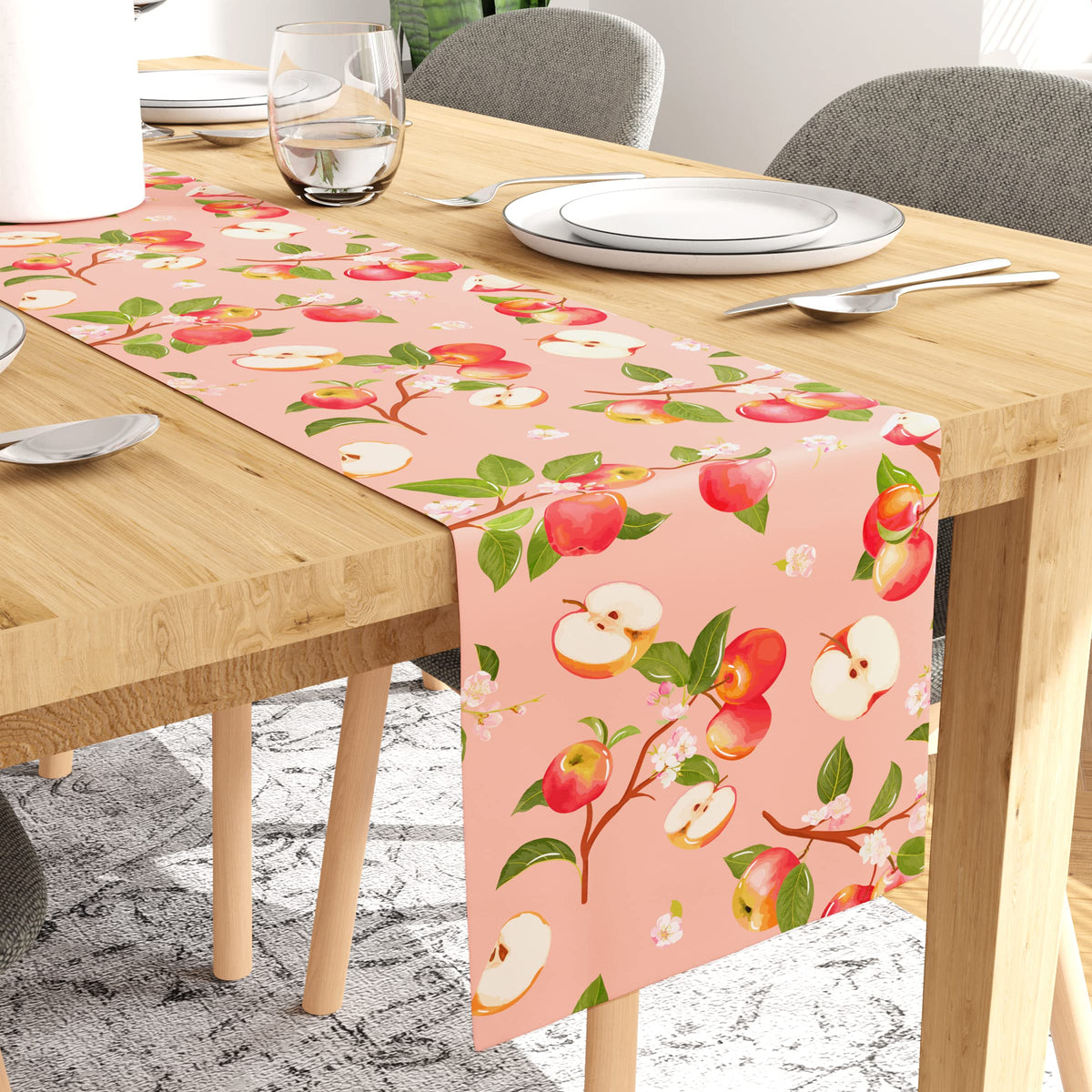 Encasa Dining Table Runner for 6 Seater - Water Repellent - Polyester Printed Twill Fabric - Size 32x200 cm - Decorative Cloth for Center and Coffee Table - Washable - Durable - Apple