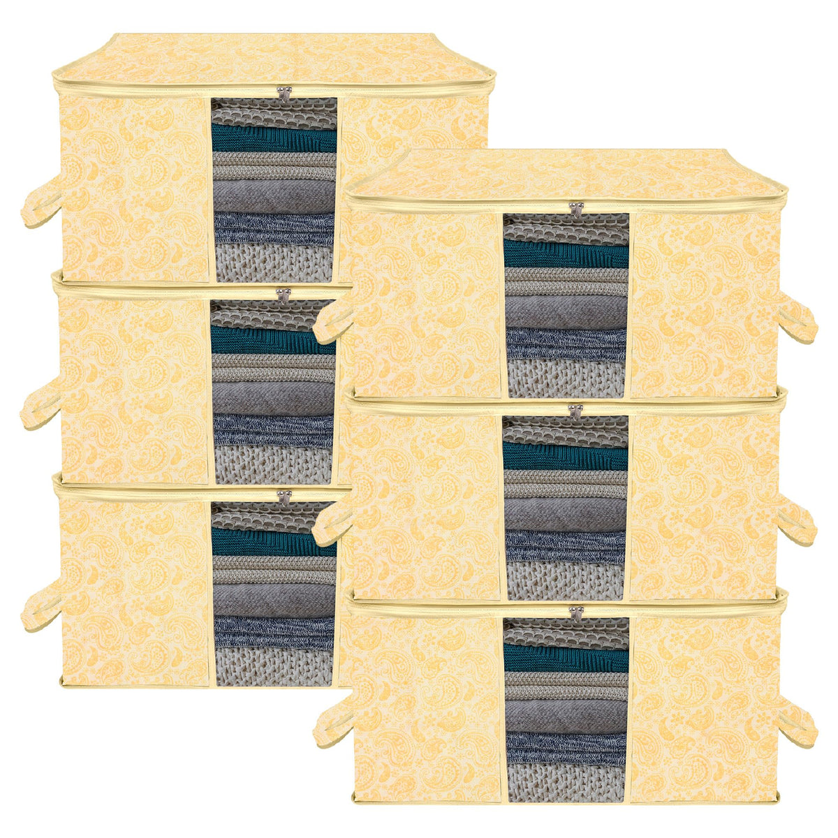 Heart Home Underbed Storage Bag | Clothes Storage Organizer | Blanket Cover with Clear Window | Zipper Closure & Handle Cloth Organizer | Carry-Design | Large | Pack of 6 | Yellow