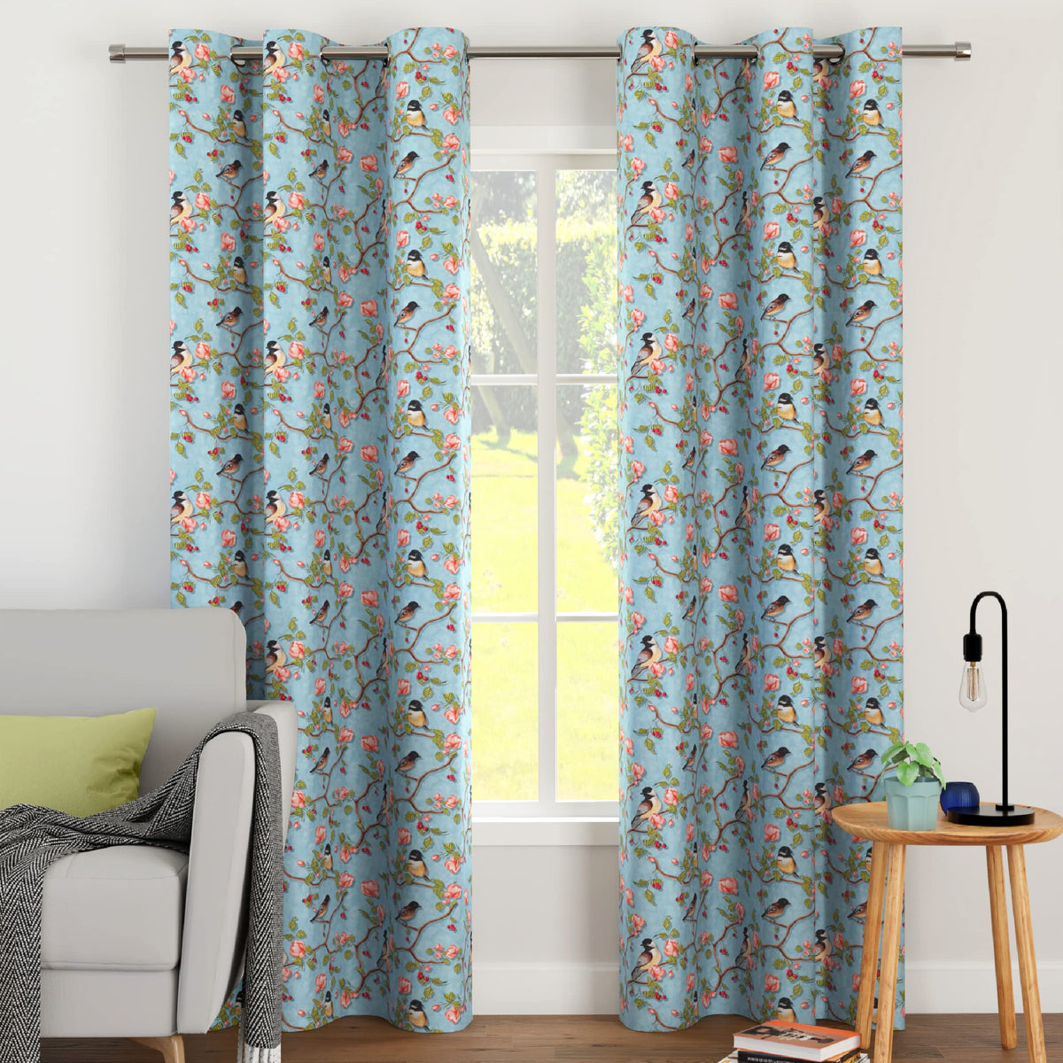 Encasa XO Long Door Curtains (8 ft, 2 Panels, 44x96 in) I Semi-Blackout 85% Room Darkening I Floral & Geometric Prints I 6 Eyelets I Sound & Heat Reducing - Sky Blue Birds