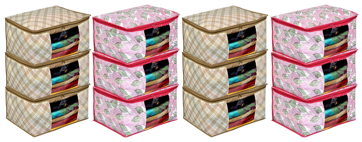 Kuber Industries Metalic Leafy,Checkered Print 12 Piece Non Woven Fabric Saree Cover Set with Transparent Window, Extra Large (Ivory & Pink)-KUBMART16576