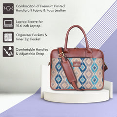 THE CLOWNFISH Deborah series 15.6 inch Laptop Bag For Women Printed Handicraft Fabric & Faux Leather Office Bag Briefcase Messenger Sling Handbag Business Bag (Pearl with Patola Design)