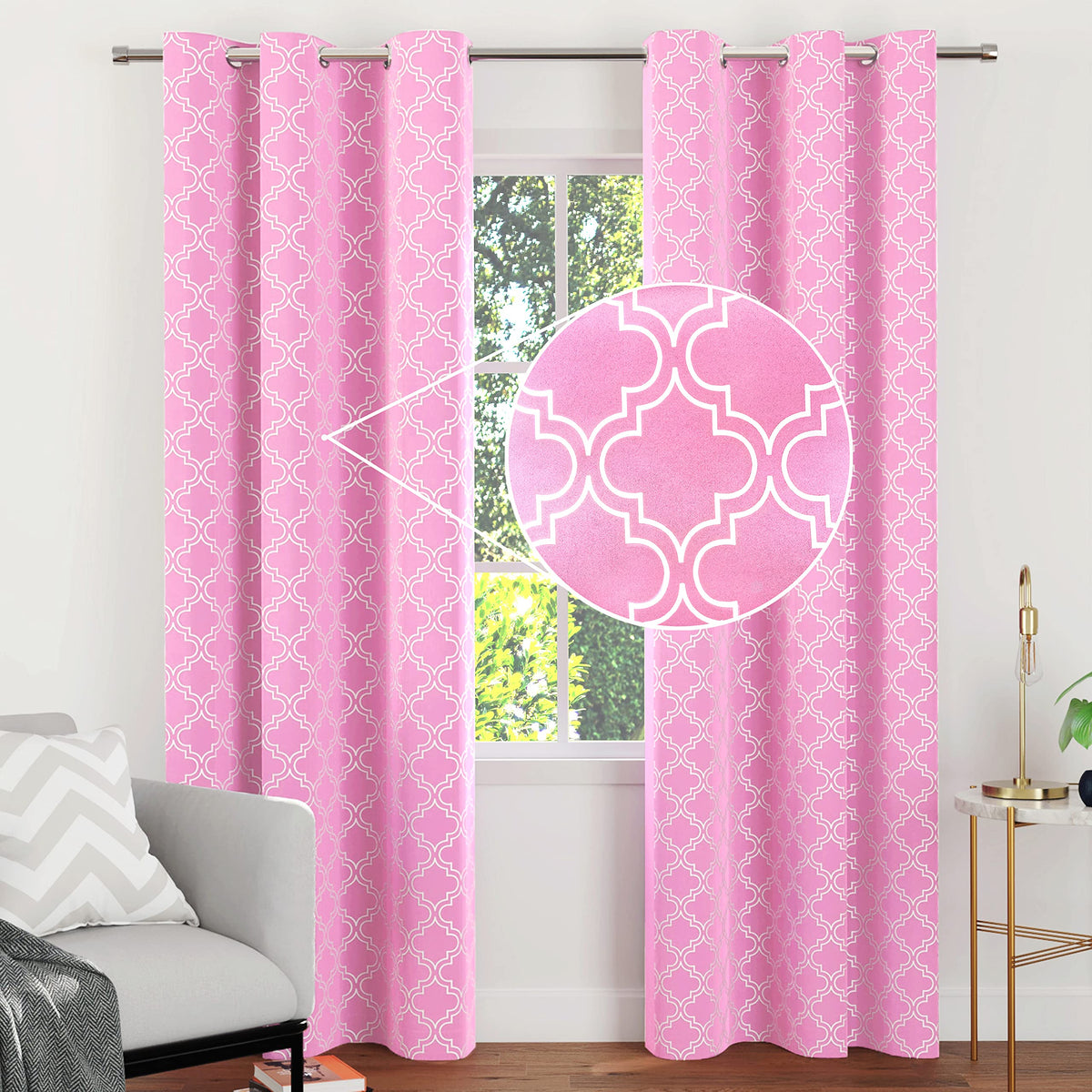 Encasa Homes Room Darkening Blackout Curtains 2 Panels Silver Foil Printed Plain Colours for Kids Bedroom, Living Room with Grommet, 85% Light Blocking, Sound & Heat Reducing, 7 ft -Trellis Pink