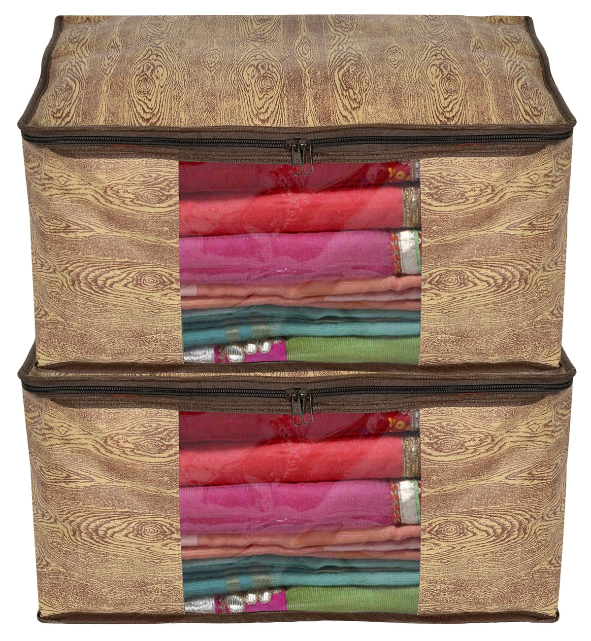 Kuber Industries Wooden Print Rectangular Non Woven Fabric Saree Cover/Clothes Organizer For Wardrobe with Transparent Window, Pack of 2 (Brown)