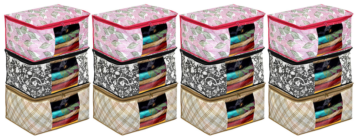 Kuber Industries Metalic Print 12 Piece Non Woven Fabric Saree Cover/Clothes Organiser For Wardrobe Set with Transparent Window, Extra Large (Ivory & Black & Pink)-KUBMART16579