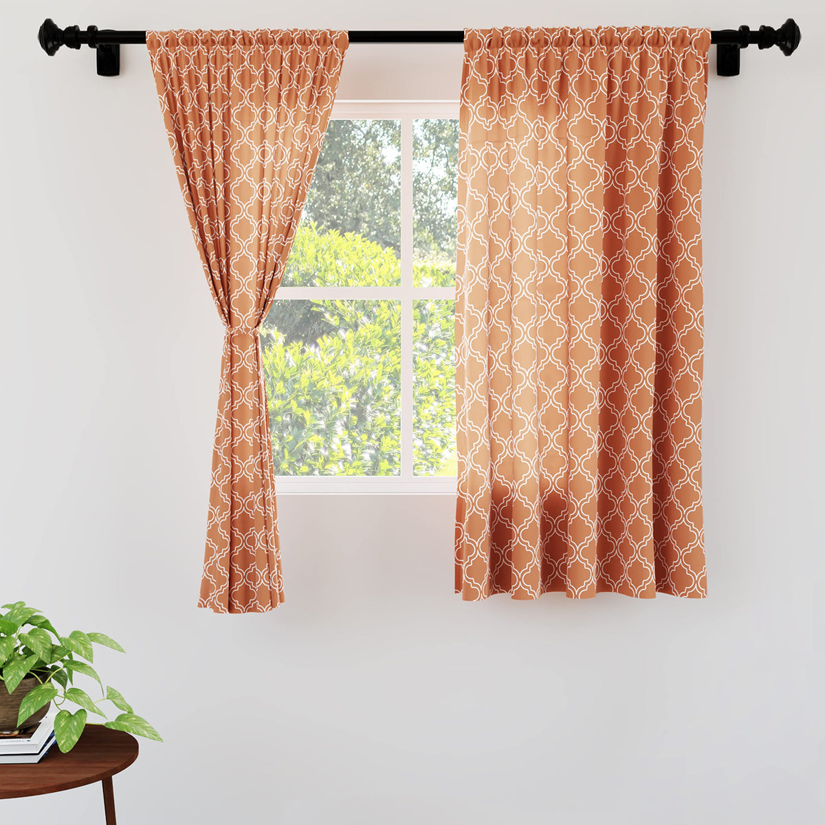 Encasa Homes Polyester Printed Window Curtain for 5 ft with Tie Back, Rod Pocket, Light-Filtering, Curtains for Kitchen, Bedroom, Living Room (140x150 cm), Trellis Copper, Set of 2