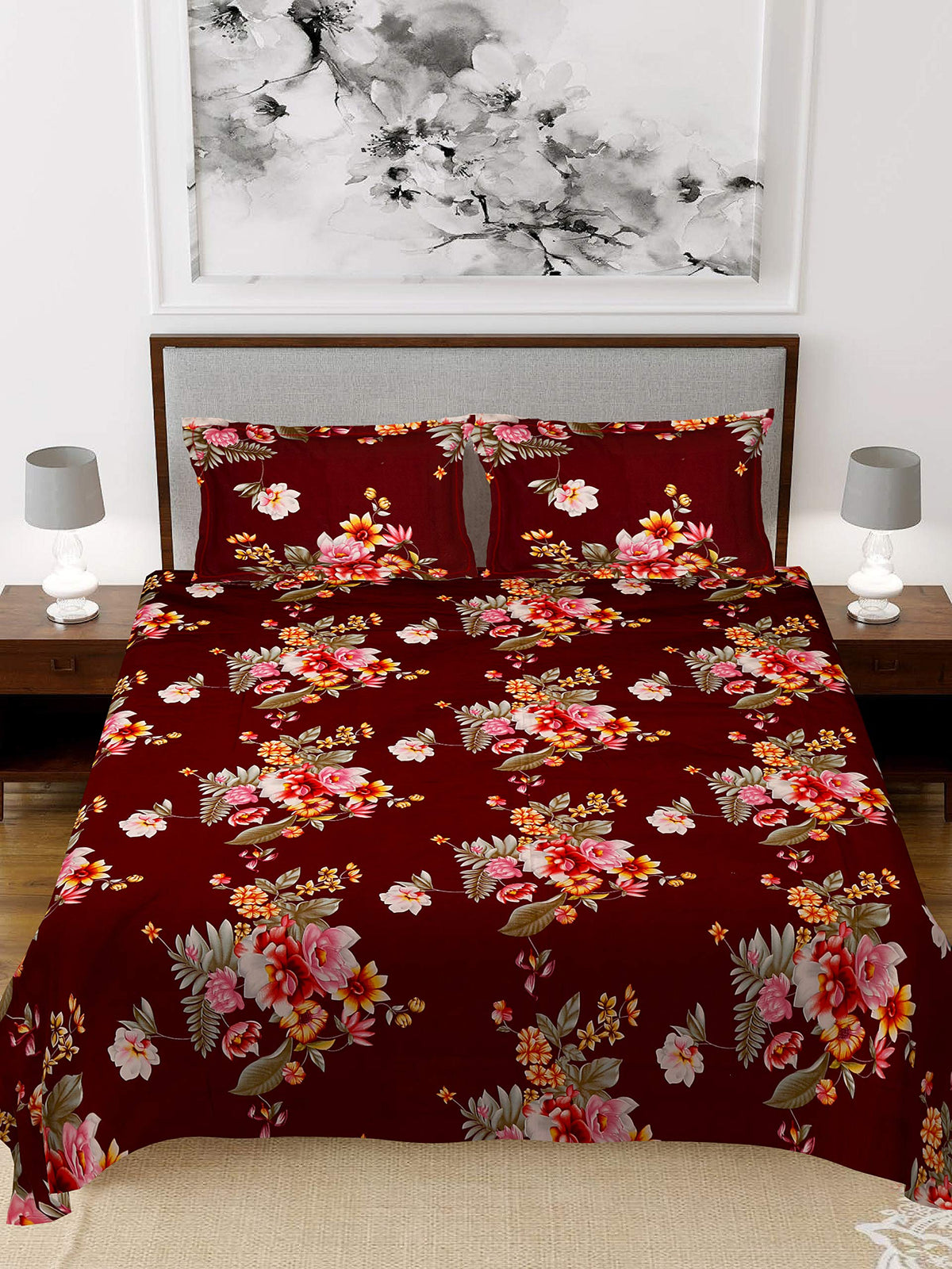 Kuber Industries Flower Print Glace Cotton Double Bedsheet with 2 Pillow Covers (Maroon), Full