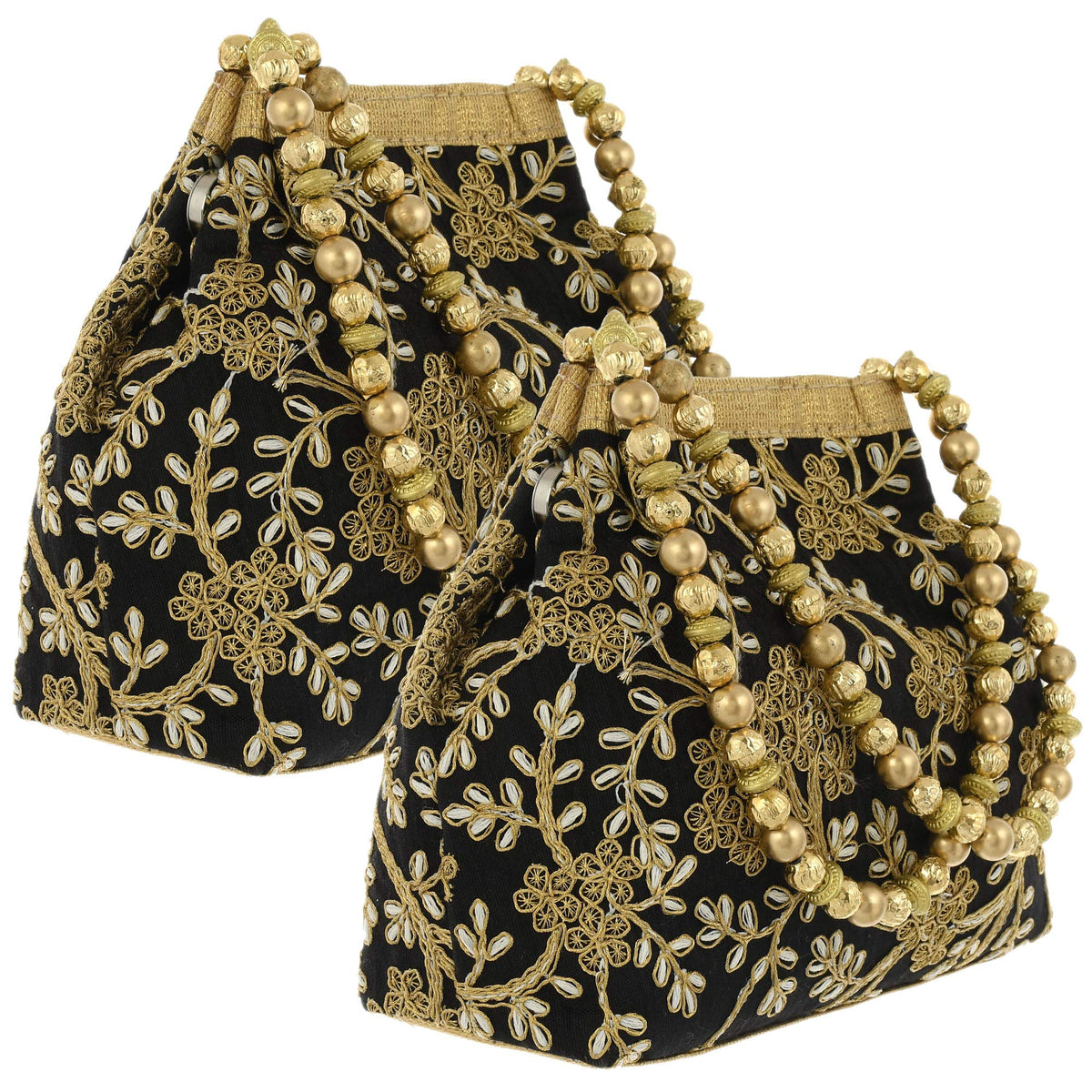 Heart Home Polyester 2 Pieces Embroidered Potli Batwa Pouch Bag for Women (Black) HEART2880