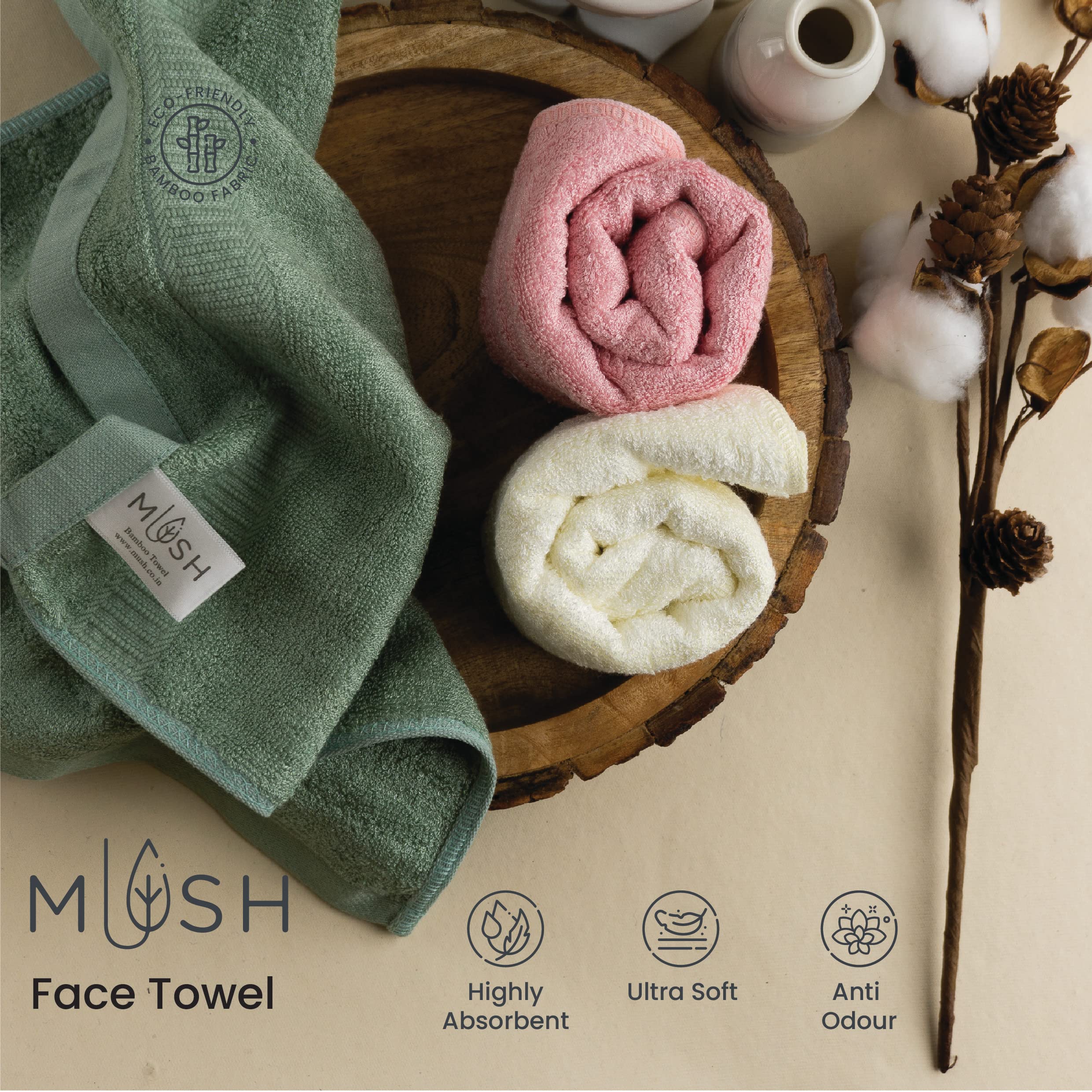 Mush 100% Bamboo Face Towel | Ultra Soft, Absorbent, & Quick Dry Towels for Facewash, Gym, Travel | Suitable for Sensitive/Acne Prone Skin | 13 x 13 Inches | 500 GSM Pack of 3 (White)
