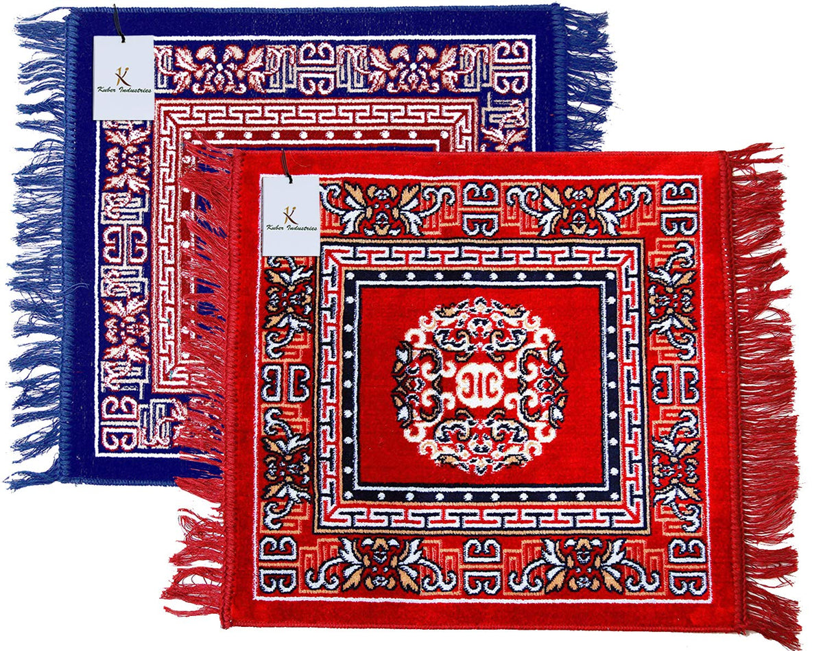 Kuber Industries 2 Pieces Velvet Prayer Mat/Aasan/Pooja Mat/Meditation Mat/Multipurpose Velvet Rug Mat 2 Ft X 2 Ft (Sky Blue & Red) CTKTC33947