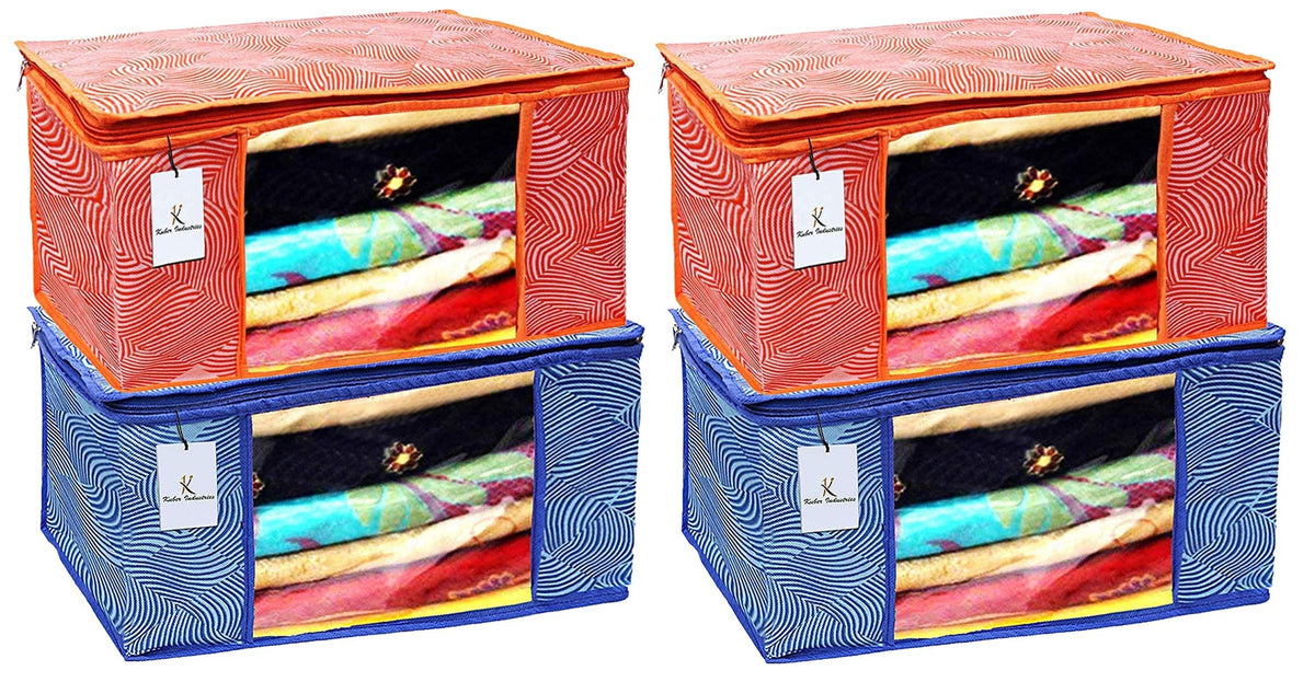 Kuber Industries Leheriya Printed 4 Piece Non Woven Fabric Saree Cover Set with Transparent Window, Extra Large, Orange & Blue -CTKTC40809