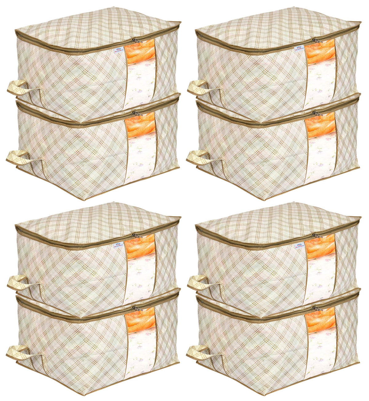 Heart Home Metalic Checkered Print Non Woven 8 Pieces Underbed Storage Bag,Cloth Organiser,Blanket Cover with Transparent Window (Ivory)-HHEART16591