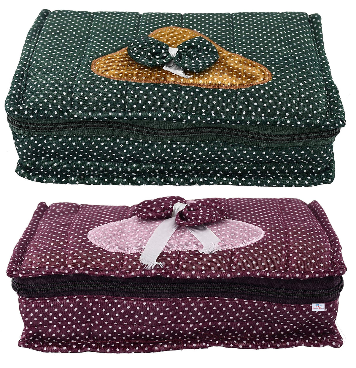 Heart Home Cotton Dot Printed Jewellery Pouch Cum Makeup Organiser Kit (Green & Purple)-Pack of 2-HHEART15454