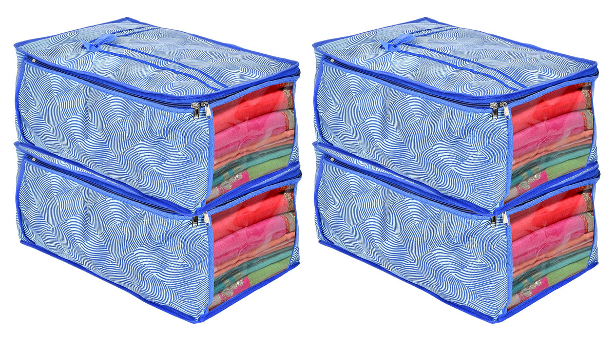 Kuber Industries Metalic LaHariya Print 4 Piece Non Woven Fabric Saree Cover/Clothes Organiser For Wardrobe Set with Transparent Window, Extra Large (Blue)
