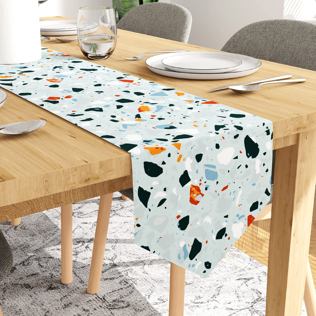 Encasa Dining Table Runner for 6 Seater - Luxury Cotton - Twill Fabric Mercerised - Printed - Size 13"x79" - Decorative Cloth for Centre and Coffee Table - Machine Washable- 1 Pc - Terrazzo Mint