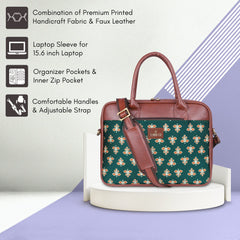 The Clownfish Deborah Series 15.6 inch Laptop Bag for Women Printed Handicraft Fabric & Faux Leather Office Bag Briefcase Messenger Sling Handbag Business Bag (Persian Green)