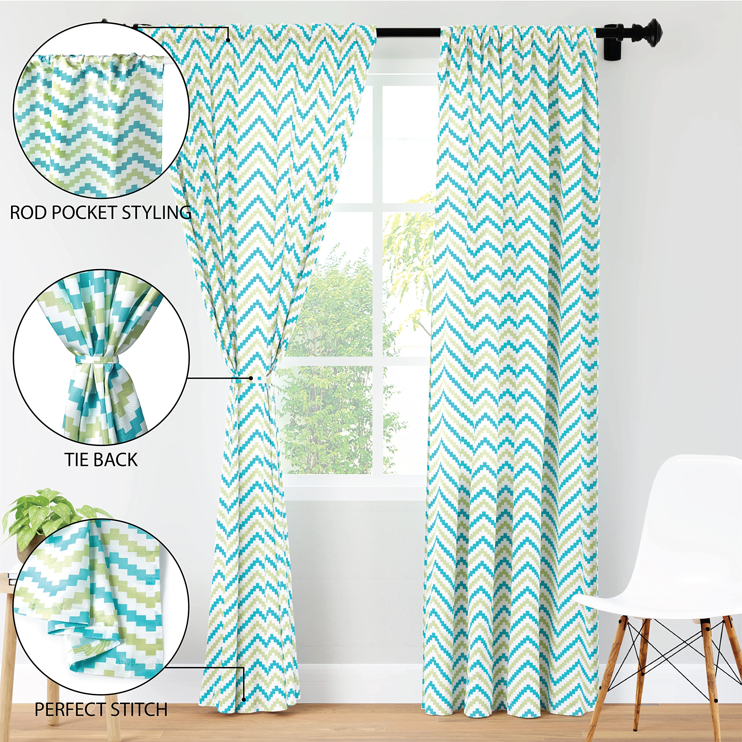 Encasa Homes Polyester Printed Door Curtain for 7 ft with Tie Back, Rod Pocket, Light-Filtering, Curtains for Kitchen, Bedroom, Living Room (142x213 cm), Chevron 1 Green, Set of 2