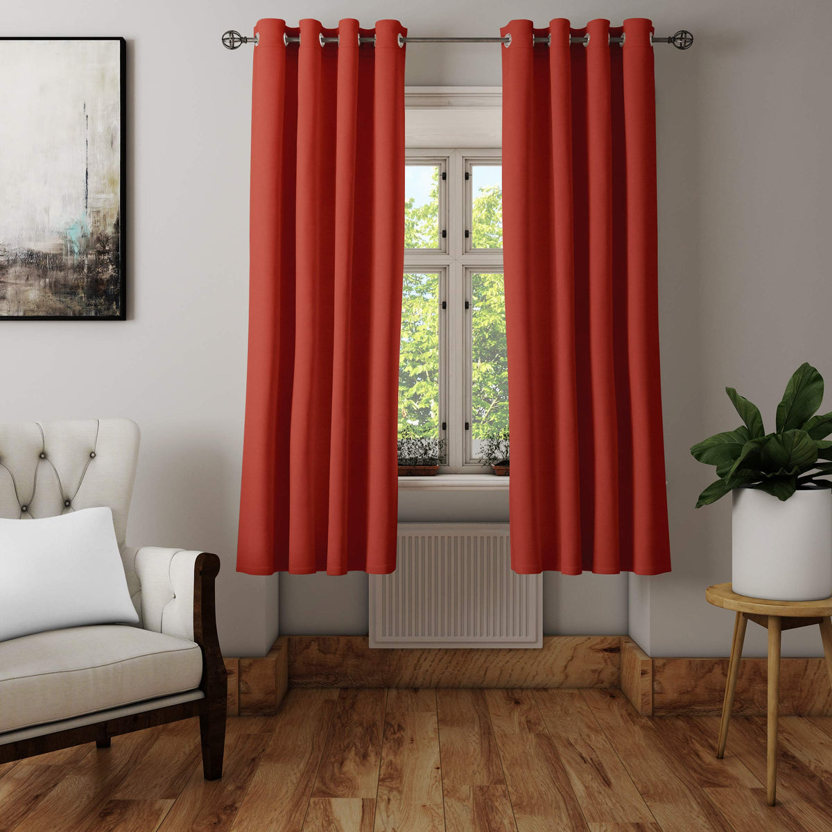 Encasa Homes Grommet Window Curtain 5 ft, Solid Dyed Cotton Panama Fabric, Light-Filtering, Curtains for Kitchen, Bedroom, Living Room (137x152 cm), Brick, Set of 2