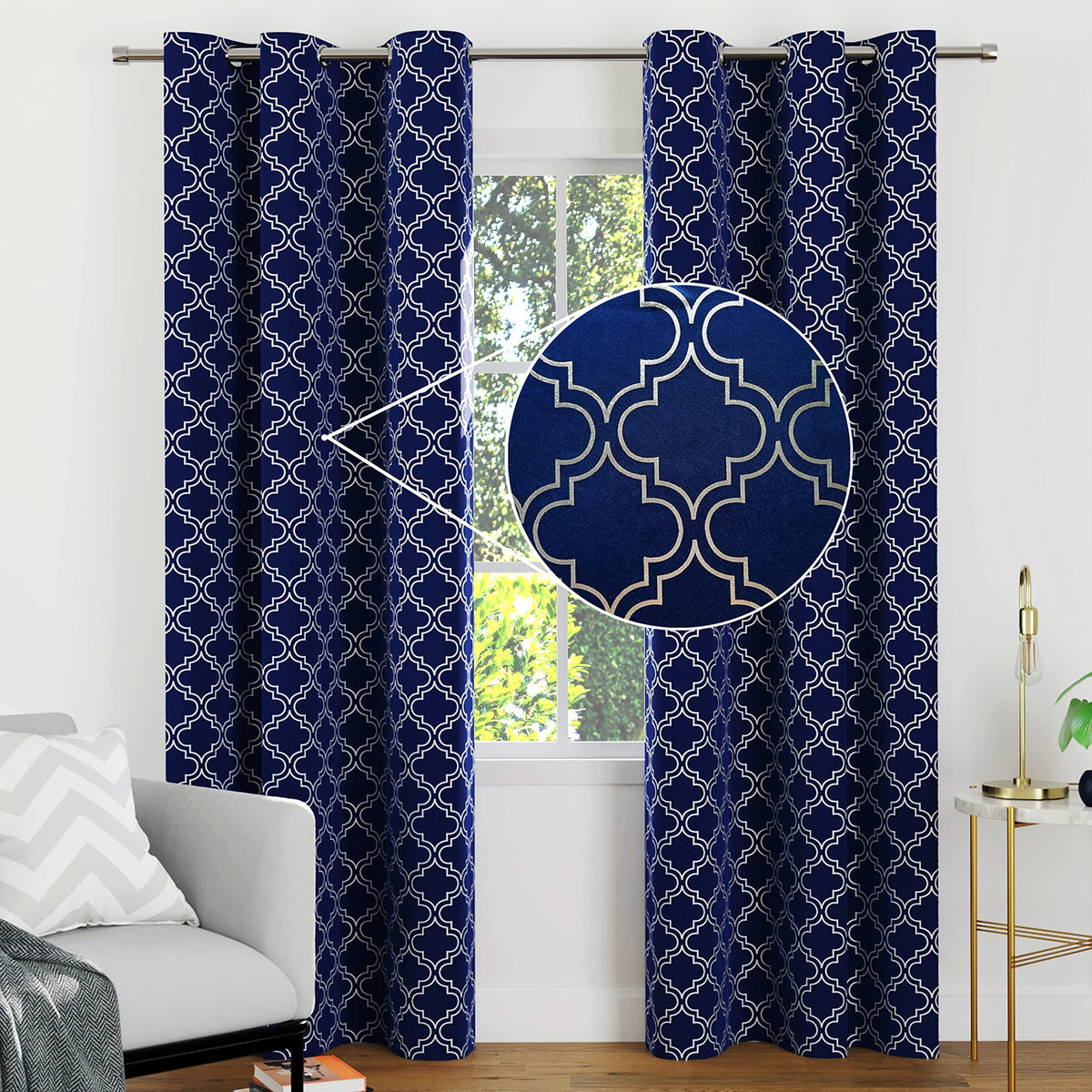 Encasa Homes Room Darkening Blackout Polyester Curtains 2 Panels Silver Foil Printed Plain Colours with Grommet, Light Blocking, Sound and Heat Reducing (5 ft , Trellis Navy)