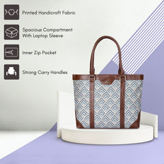 THE CLOWNFISH Miranda Series 15.6 inch Laptop Bag For Women Printed Handicraft Fabric & Faux Leather Office Bag Briefcase Hand Messenger bag Tote Shoulder Bag (White)