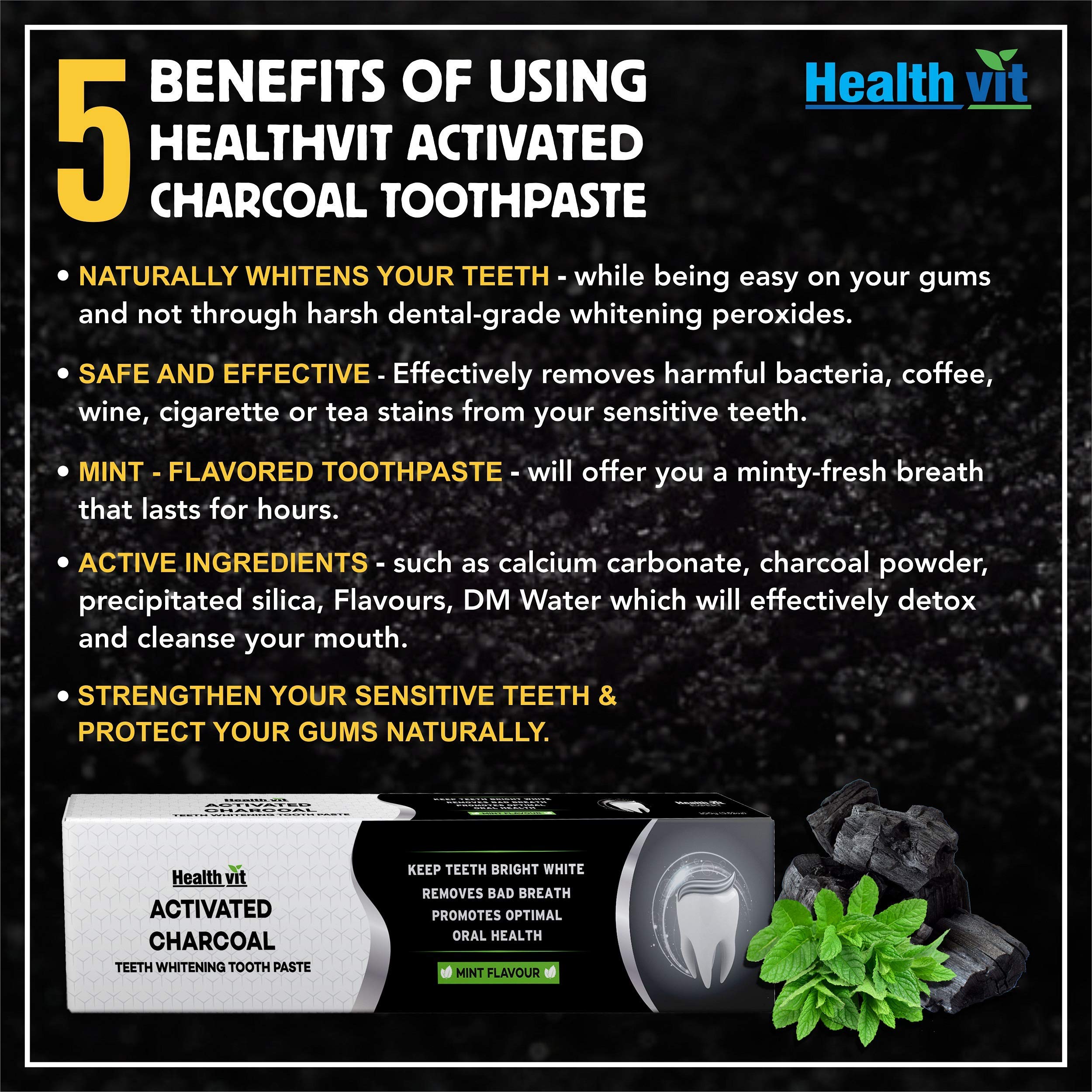 Healthvit Activated Charcoal Toothpaste For Teeth Whitening, Best Natural Whitener, Fluoride Free, Sulfate Free Mint Flavour (100g) - Pack of 1 100 g (Pack of 1)