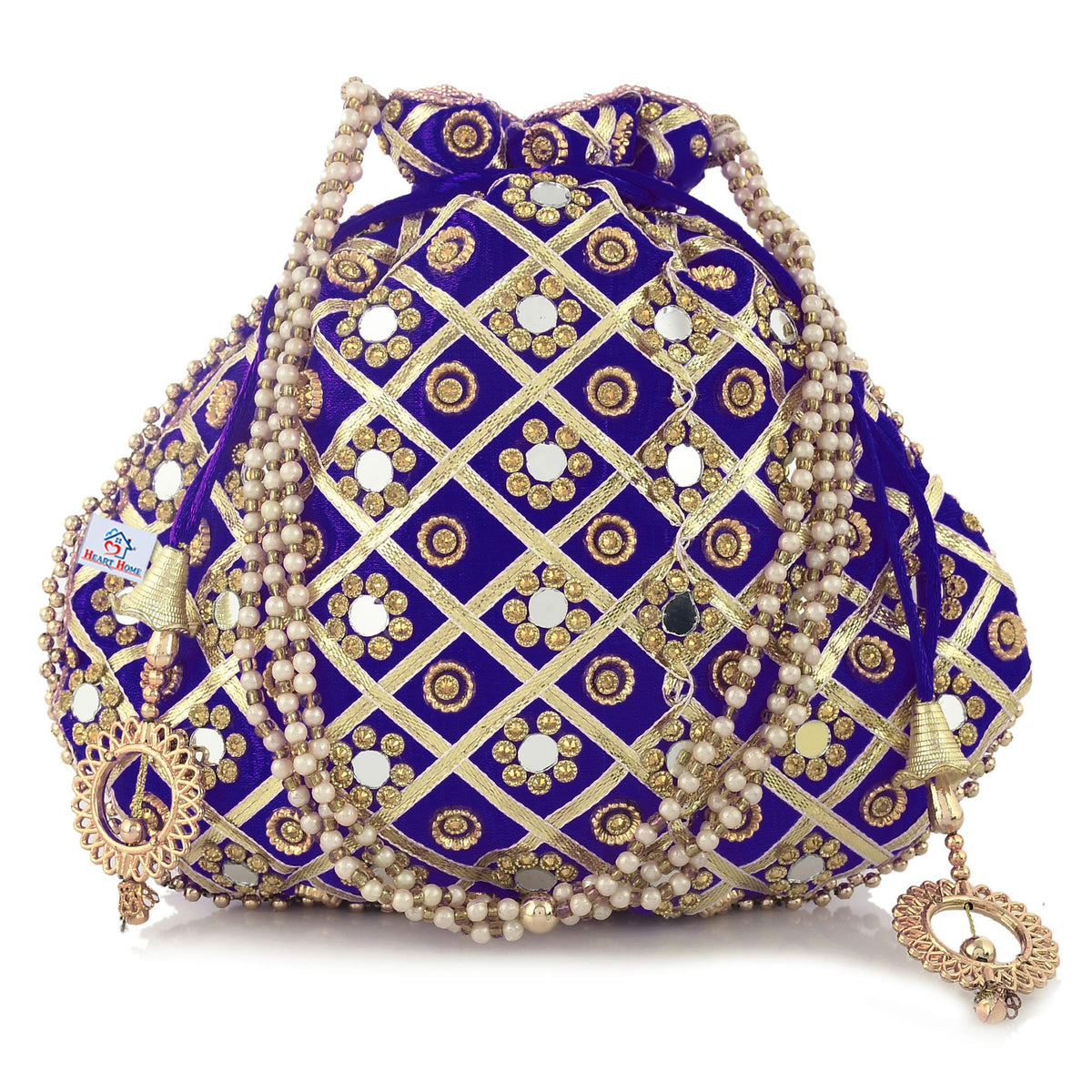 Heart Home Silk Traditional Mirror Work Clutch Potli Batwa Pouch Bag for Women/Girls (Blue)-HEART11495, Standard