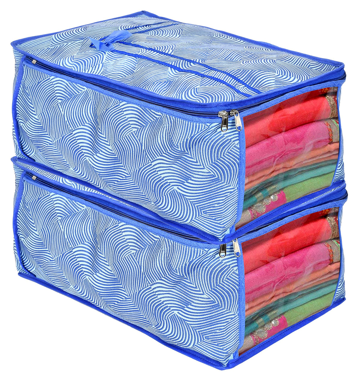 Kuber Industries Metalic LaHariya Print 2 Piece Non Woven Fabric Saree Cover/Clothes Organiser For Wardrobe Set with Transparent Window, Extra Large (Blue)