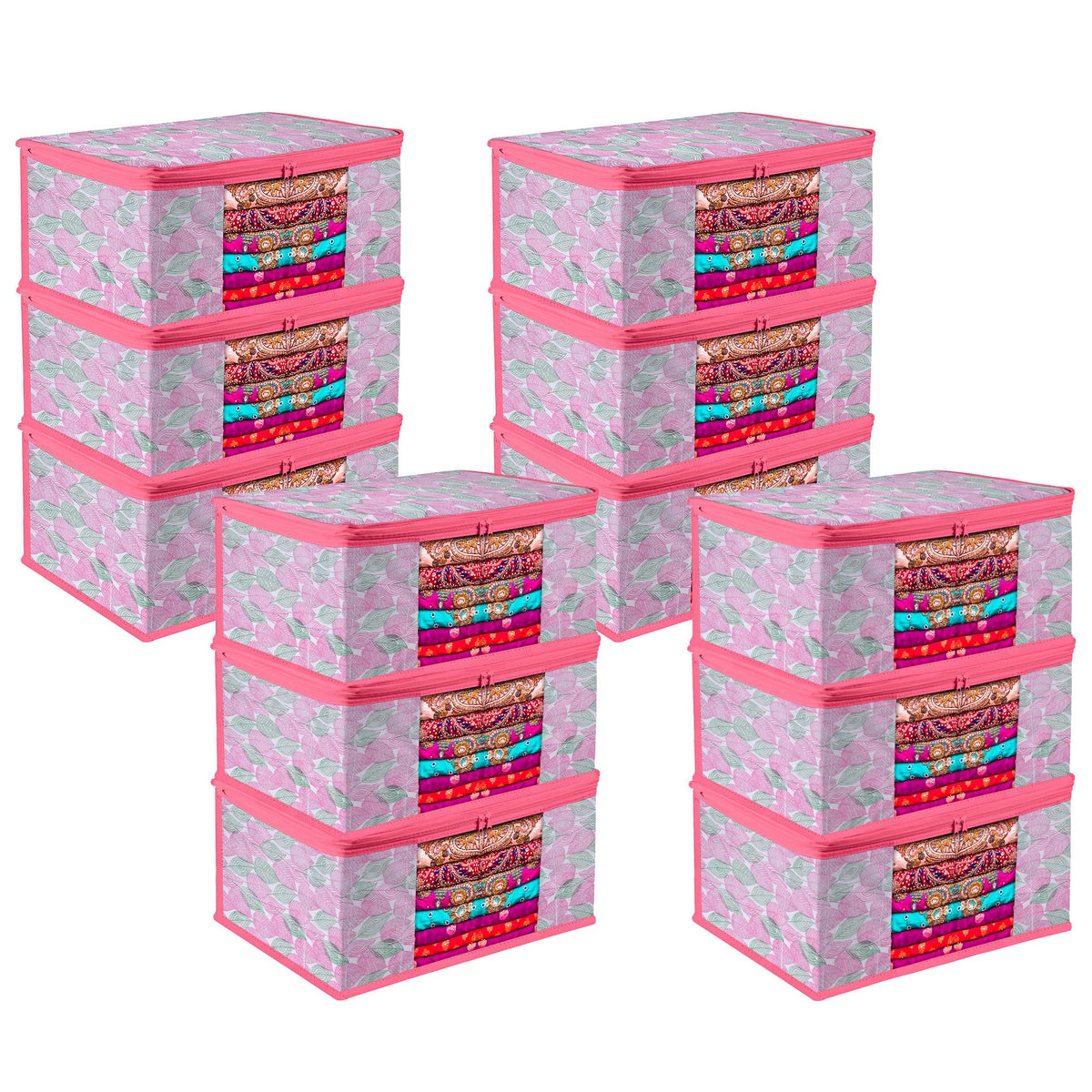 Kuber Industries Saree Cover | Zip Closure Saree Cover | Clothes Storage Bag | Wardrobe Organiser | Transparent Window Saree Cover | Flower Patta-Design | 9 inch | Pack of 12 | Pink