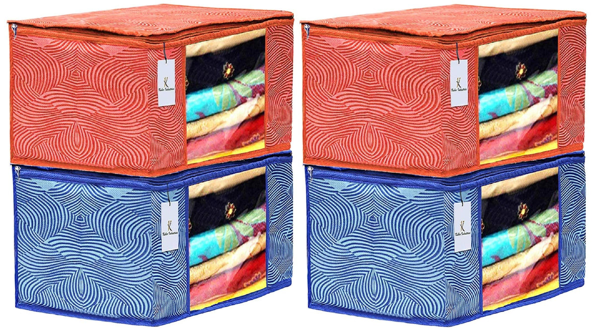 Kuber Industries Leheriya Printed 4 Piece Non Woven Fabric Saree Cover Set with Transparent Window, Extra Large, Orange & Blue -CTKTC40810