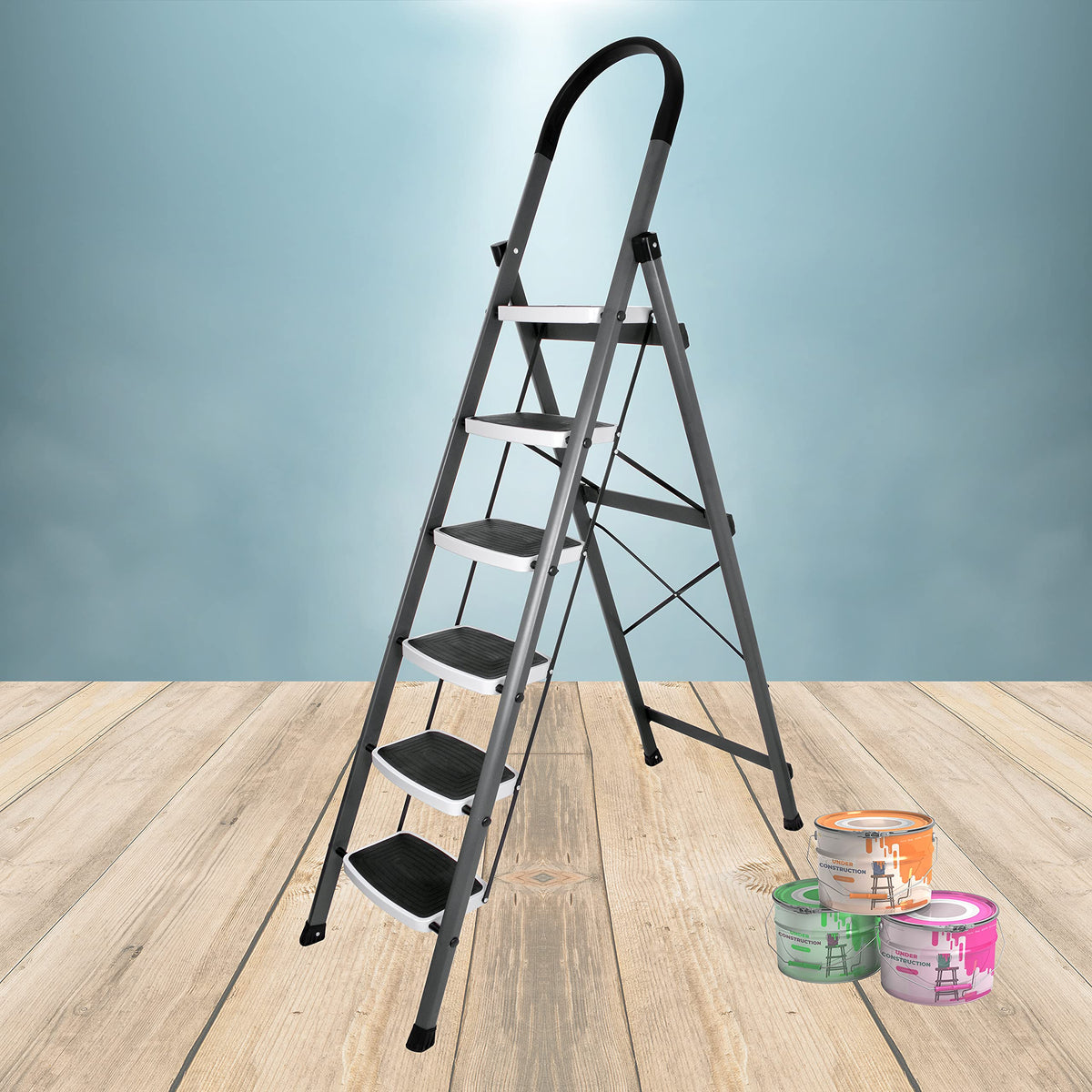 Plantex 6 Step Ladder -Foldable Steel 6 Step Ladder-Wide Anti Skid Steps-Made in India(Grey & White)