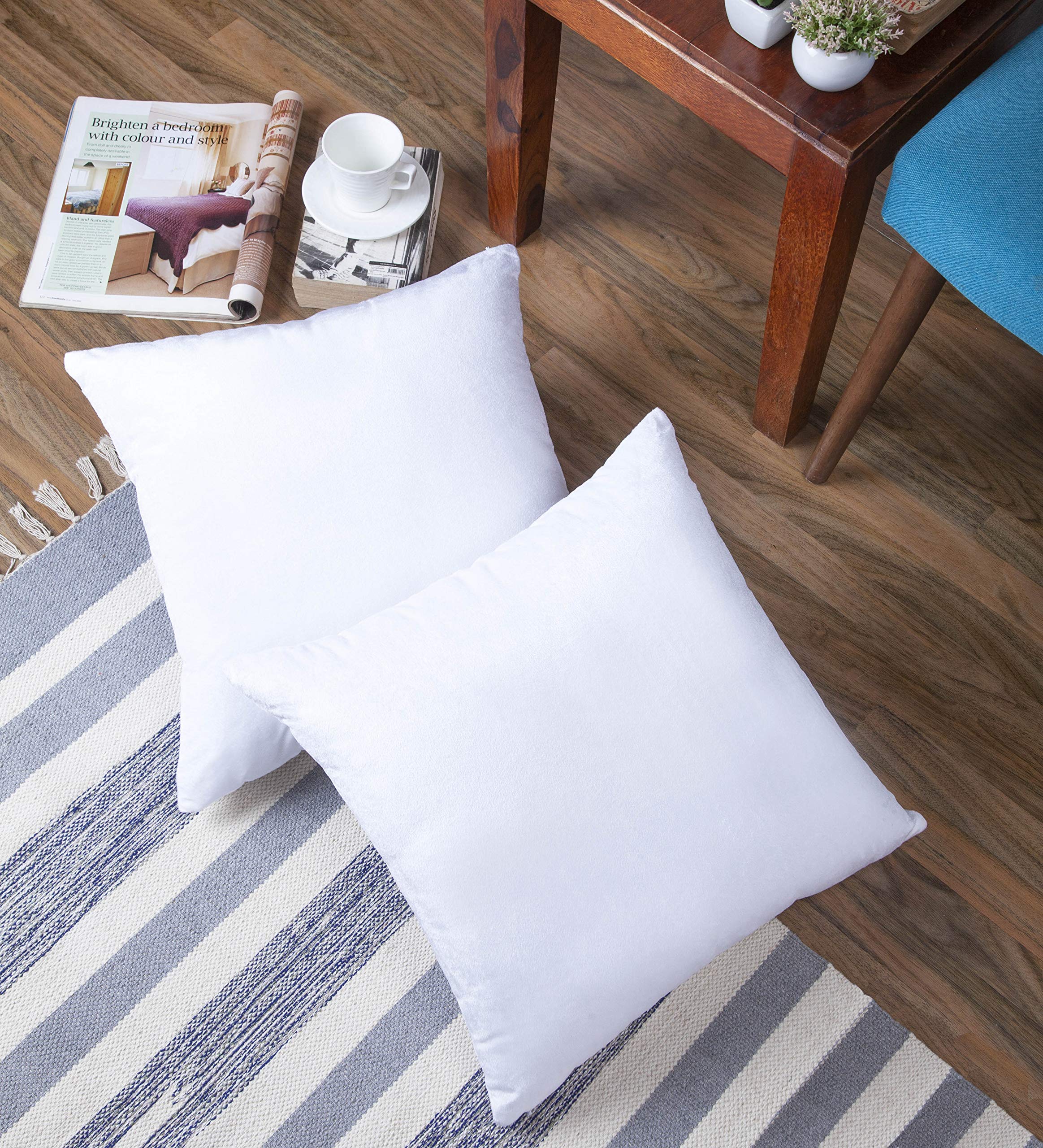 Encasa Homes Velvet Throw Pillow Cushion Covers 2 pc Set - White - 24"x24" / 60x60 cm Solid Plain Dyed Soft & Smooth, Square Accent Decorative Pillowcase for Couch, Sofa, Chair, Bed & Home