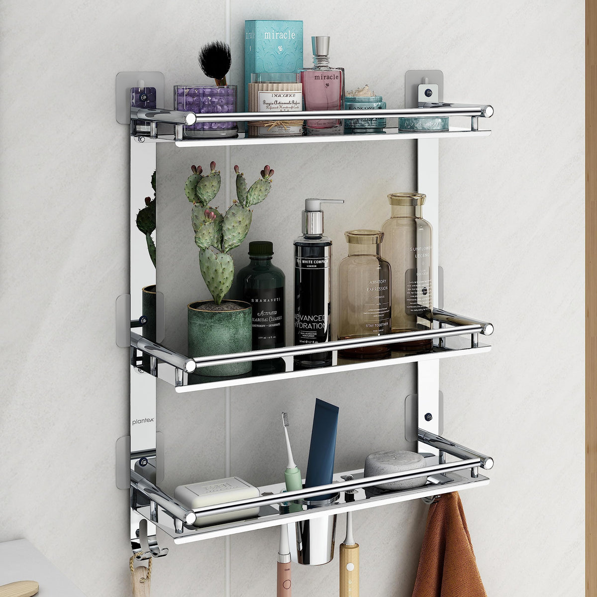 Plantex Stainless Steel Multipurpose 3 Tier Bathroom Shelf with Hook/Double Soap Dish/Tumbler Holder/Bathroom Oraganizer/Bathroom Accessories - Pack of 1 (Chrome)