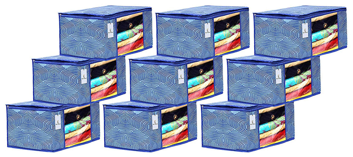 Kuber Industries Laheriya Design 9 Piece Non Woven Fabric Saree Cover Set with Transparent Window, Extra Large, Blue-CTKTC031930