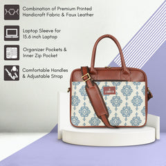 The Clownfish Deborah Series 15.6 inch Laptop Bag for Women Printed Handicraft Fabric & Faux Leather Office Bag Briefcase Messenger Sling Handbag Business Bag (Off White)