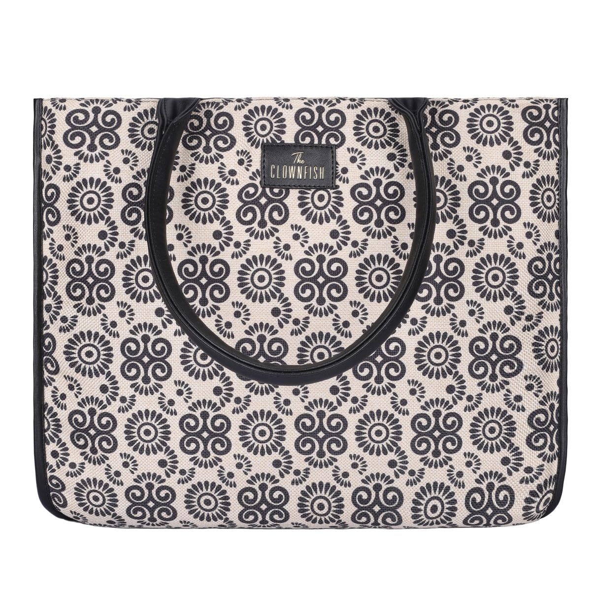 THE CLOWNFISH Opulence Series Multipurpose Handbag For Women Box Bag 14 inch Laptop Bag Tote Printed Handicraft Fabric & Faux Leather Bag (Black-Rangoli Design)