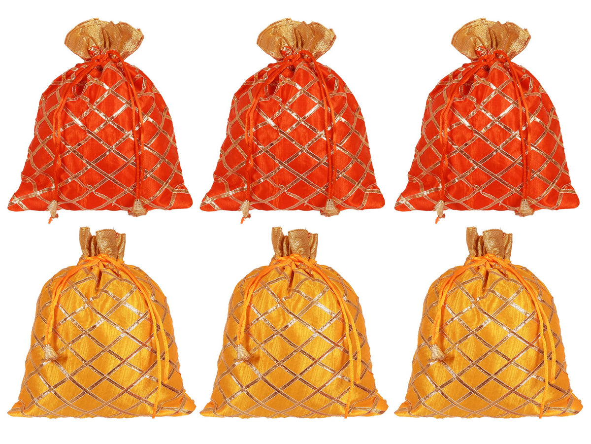 Kuber Industries Potli Bags Handbags for Women Gifting Wristlets for Wedding, Festival, Kitty Subh Shagun-Pack of 6 (Orange & Yellow)