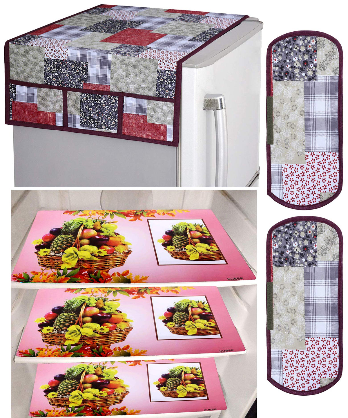 Heart Home Fruit Basket Design 3 Pieces PVC Fridge Mats,2 Piece Handle Cover and 3D Checkered Design 1 Piece Fridge Top Cover (Maroon) - CTHH6692,Standard