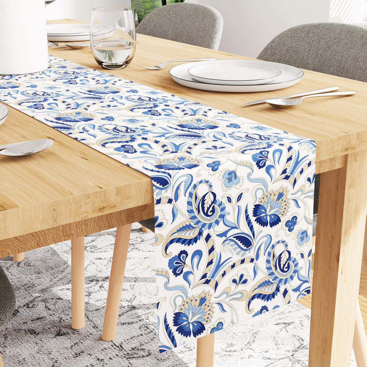 Encasa Dining Table Runner for 4 to 6 Seater - Water Repellent - Polyester Printed Twill Fabric - Size 32x183 cm - Decorative Cloth for Center and Coffee Table - Washable - Durable - Chintz Blue