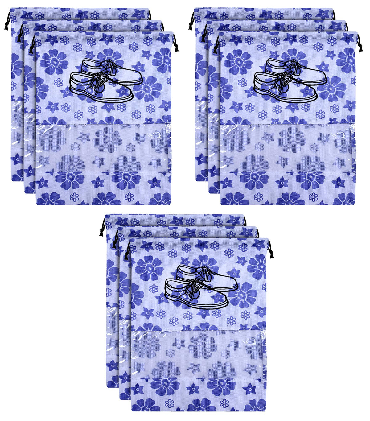 Kuber Industries Flower Design 9 Piece Non Woven Travel Shoe Organizer Space Saving Fabric Storage Bags Organizer (Royal Blue)-KUBMART1038