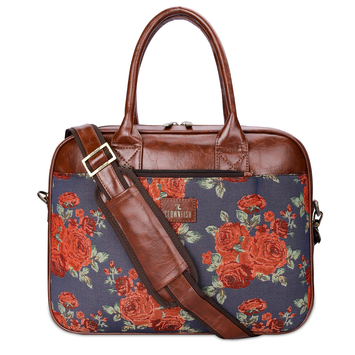 THE CLOWNFISH Deborah series 15.6 inch Laptop Bag For Women Tapestry Fabric & Faux Leather Office Bag Briefcase Messenger Sling Handbag Business Bag (Navy Blue)