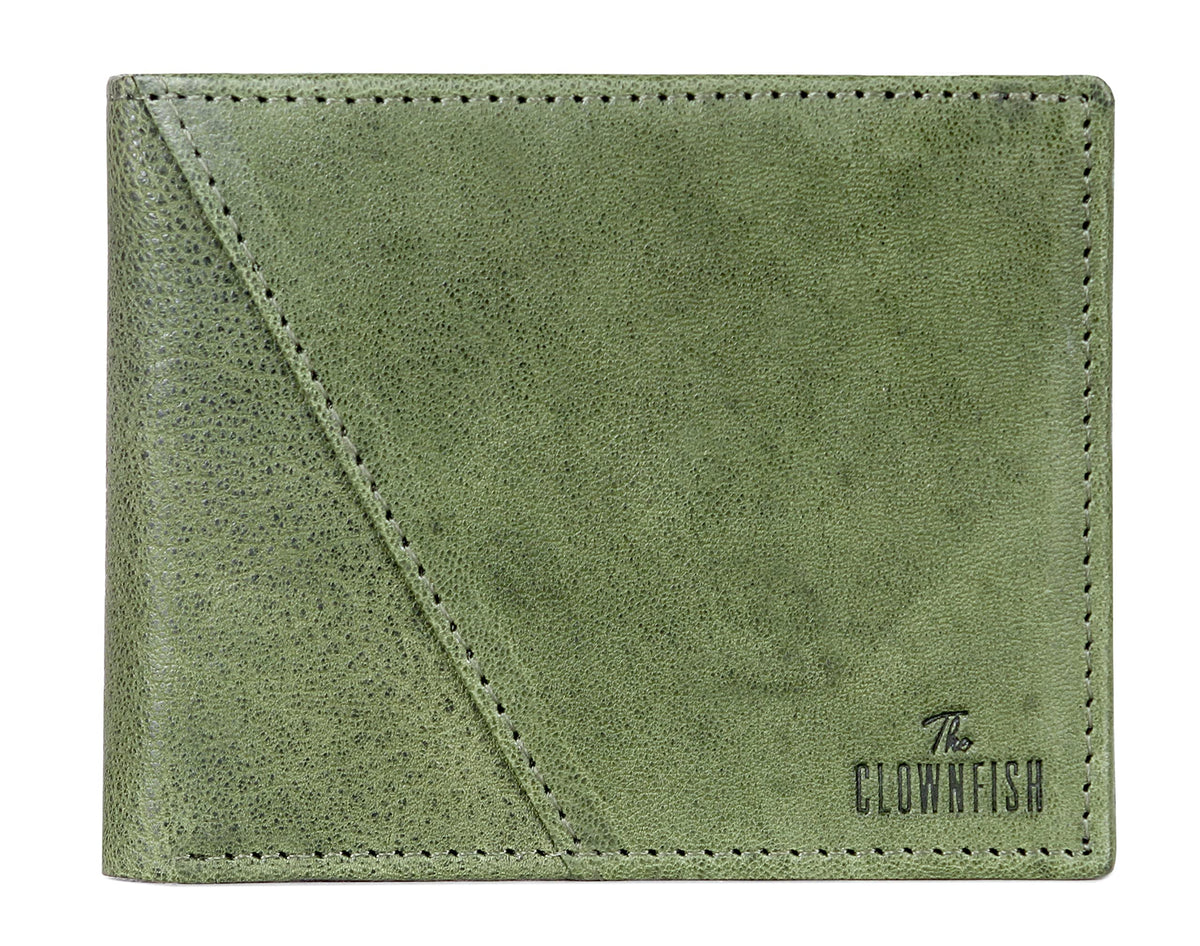 The Clownfish RFID Protected Genuine Leather Bi-Fold Wallet for Men with Multiple Card Slots, Coin Pocket & ID Window (Moss Green)