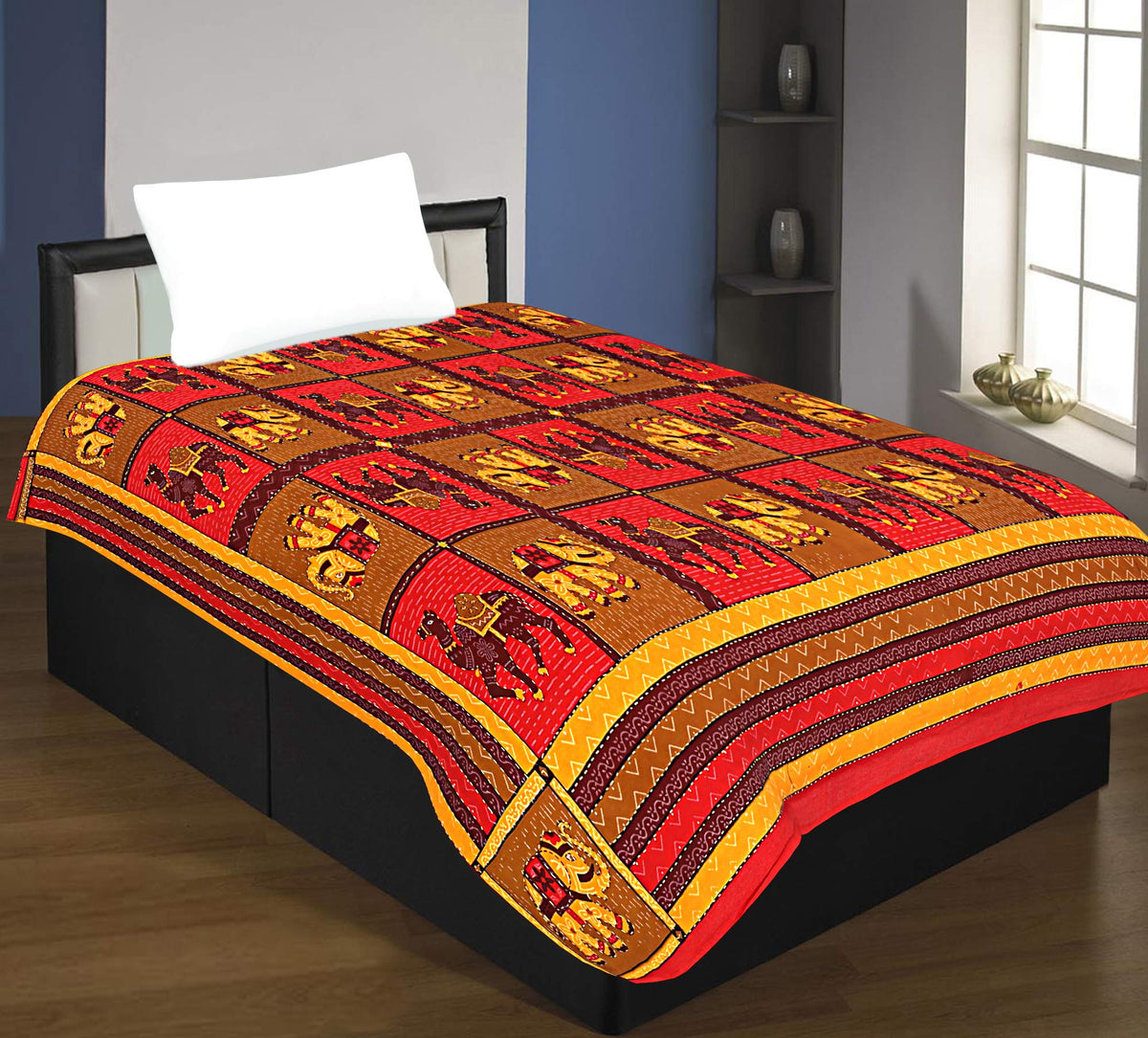 Heart Home Cotton Kantha Single Bedsheet (Red)- (CTHH0620)