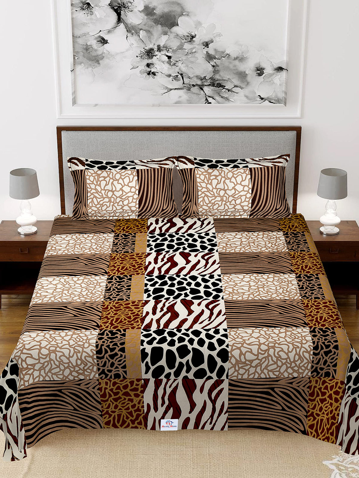 Heart Home Stone Print Glace Cotton Double Bedsheet with 2 Pillow Covers (Black & Brown) (HS_36_HEARTH019546)