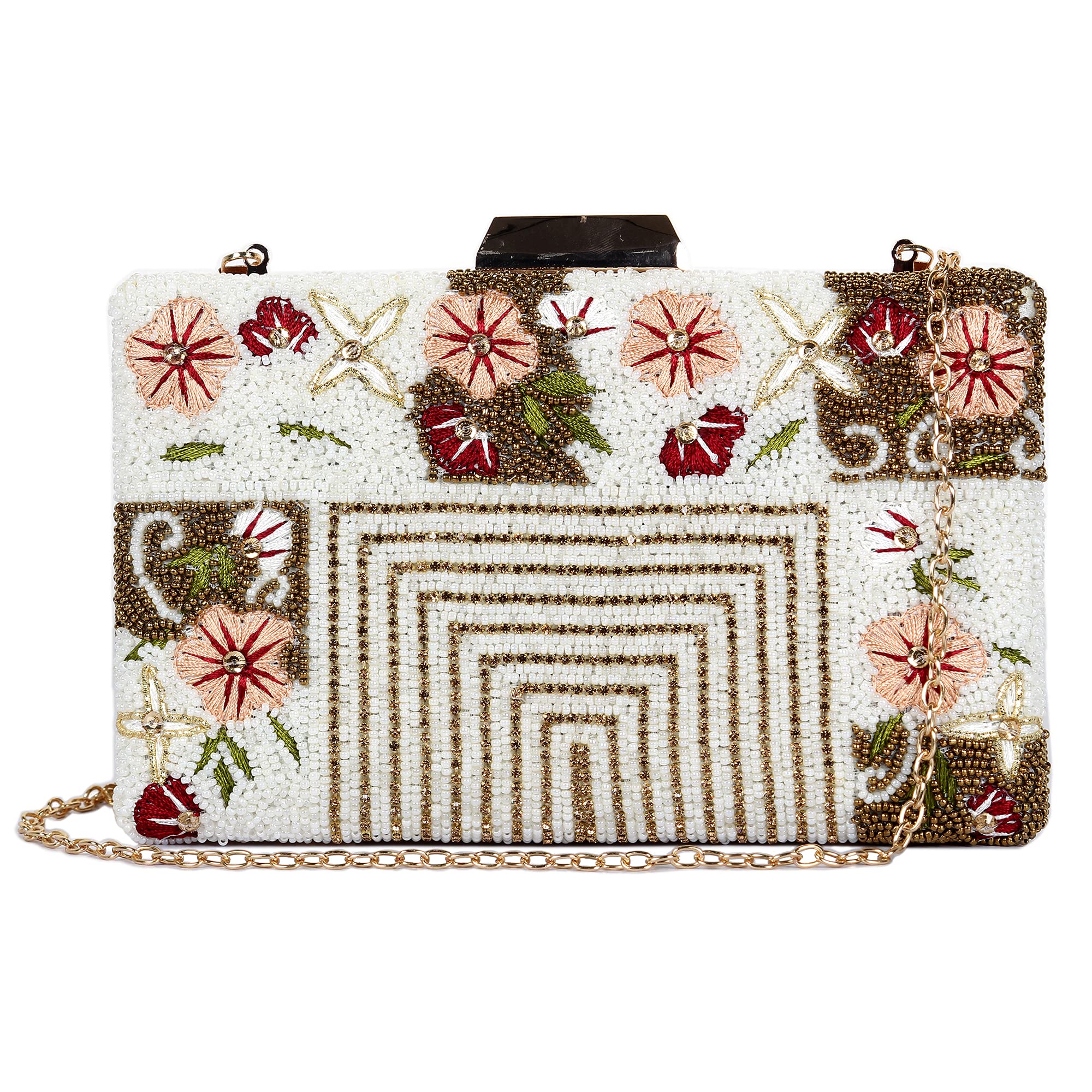 The Clownfish Senorita Collection Womens Party Clutch Ladies Wallet Evening Bag with Fashionable Beads Work and Floral Embroidered Design (White)