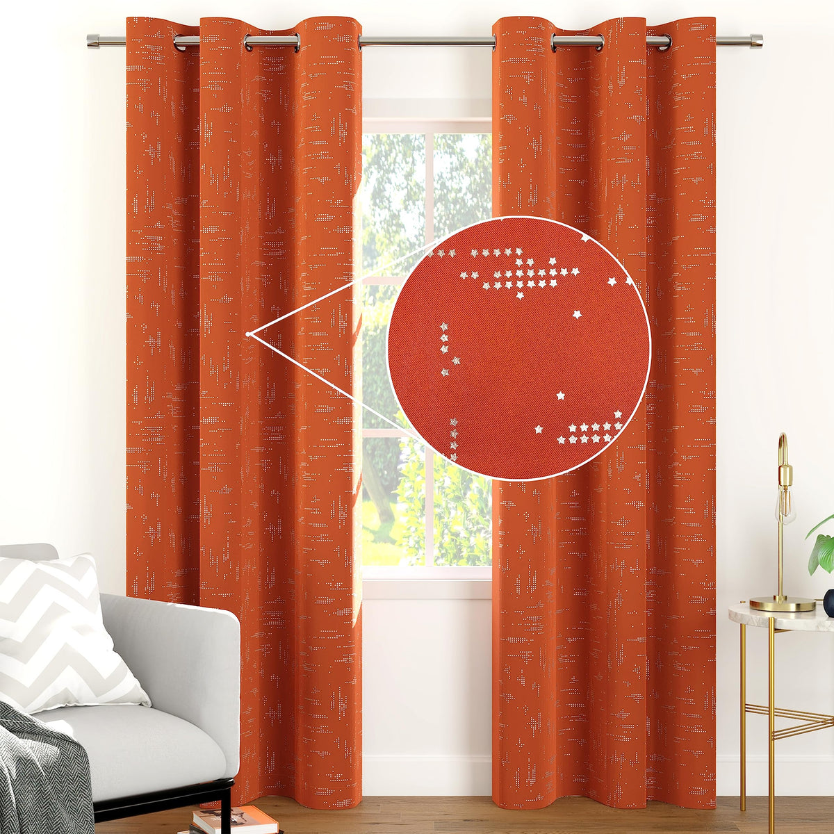 Encasa Homes Room Darkening Blackout Curtains 2 Panels Silver Foil Printed Plain Colours for Kids Bedroom, Living Room with Grommet, 85% Light Blocking, Sound & Heat Reducing, 7 ft -Citylight Orange